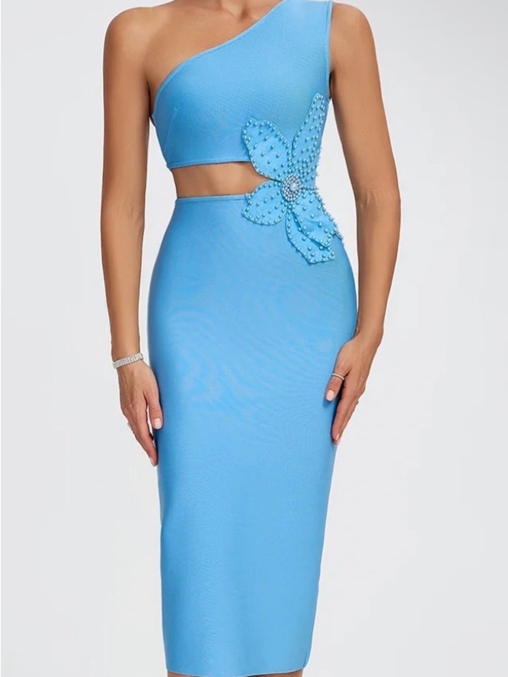 One-Shoulder Sky Blue Cutout Midi Dress with Floral Appliqué